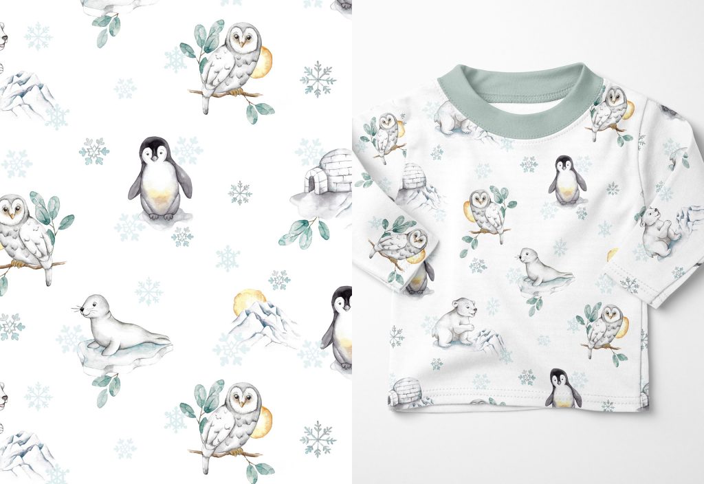 Dresówka pętelka ARCTIC ANIMALS WHITE miś polarny, sowa śnieżna, pingwin druk cyfrowy dzianina 250